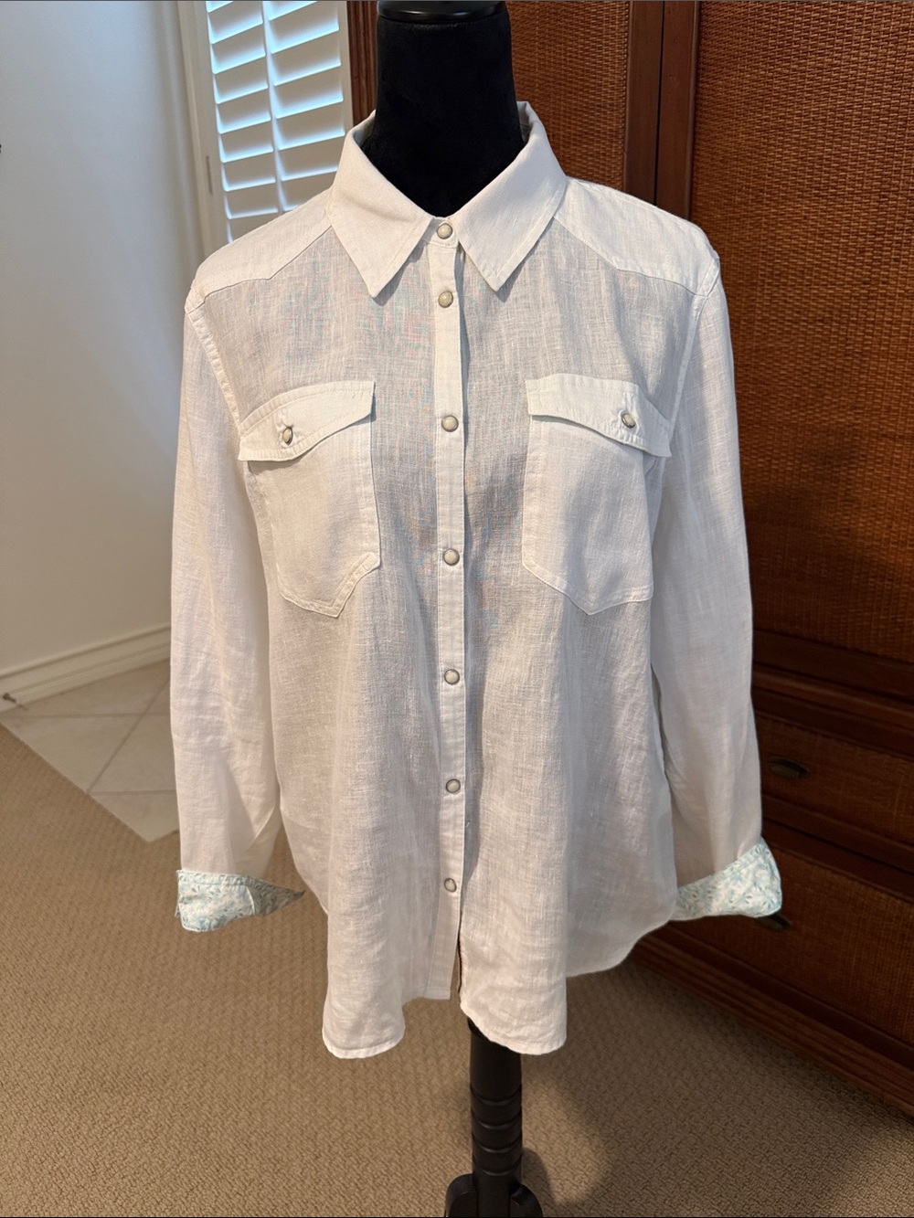 Sundance White Linen Snap-Front Button Shirt